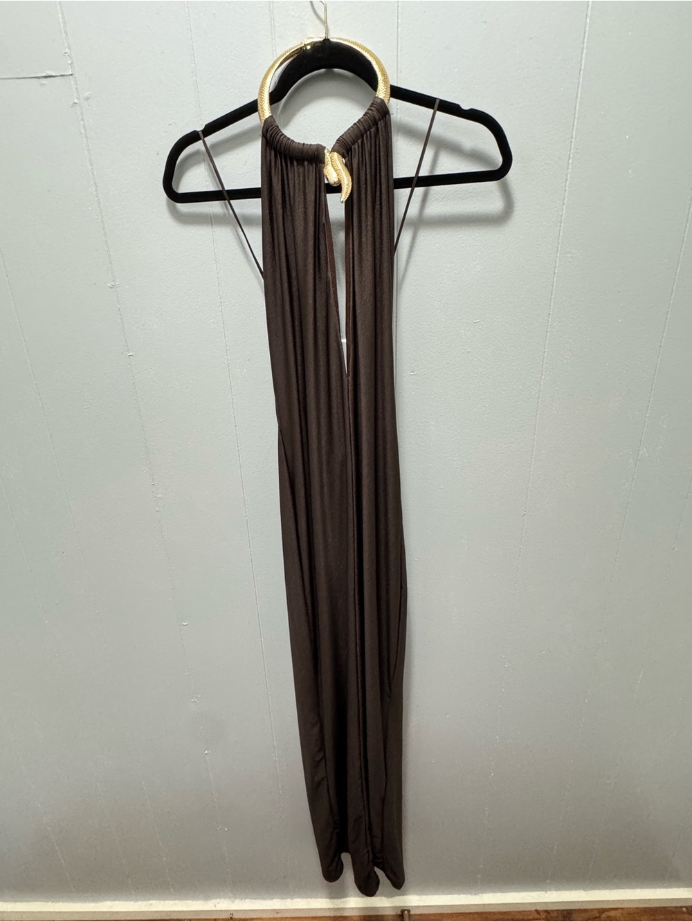 Brown Halter Maxi Dress with Gold Ring Detail